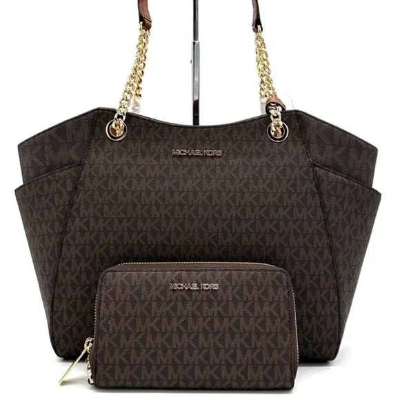 Michael Kors Large Jet Set Travel Chain Shoulder Bag & Double Zip Wallet Brown